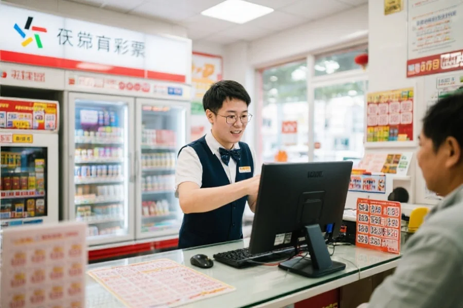 一位工作人员在正规彩票站柜台，帮助用户在电脑前核对彩票号码，环境明亮有序